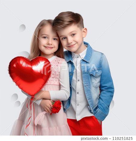 A boy and a girl standing next to each other isolated on white background. 110251825