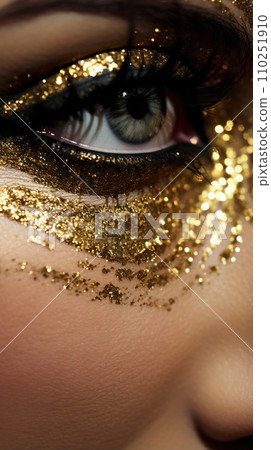 Beautiful woman with golden glitter makeup. Stunning young girl. Fashion and beauty concept. Beautiful woman with golden glitter makeup. Stunning young girl. Fashion and beauty concept. 110251910