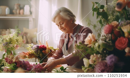Florist at work in his studio. A flower shop worker creates a bouquet. Florist at work in his studio. A flower shop worker creates a bouquet. 110251934