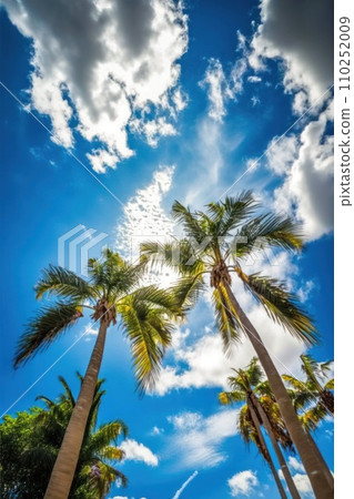 Tall palm trees and blue sky with clouds. Low angle view. Tropical nature. Generative Ai 110252009