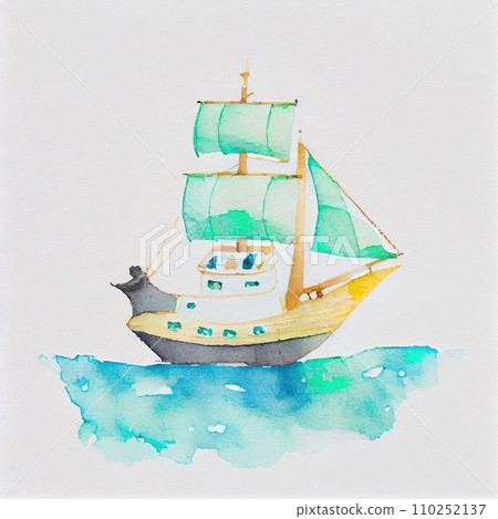 Cute watercolor boat on white background. Cartoon style. Generative Ai 110252137