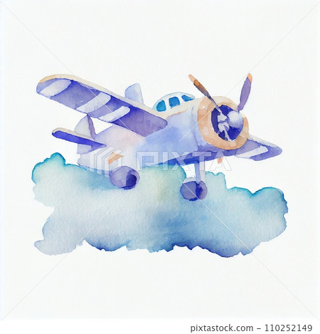 Cute watercolor airplane on white background. Cartoon style. 110252149