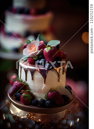 White Wedding cake decorated with a fresh berries decor. 110252159