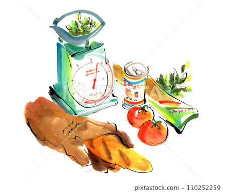 法國麵包,番茄,麵食,測量,時尚,手繪,水彩插畫 法國麵包,番茄,麵食,測量,時尚,手繪,水彩插畫 110252259