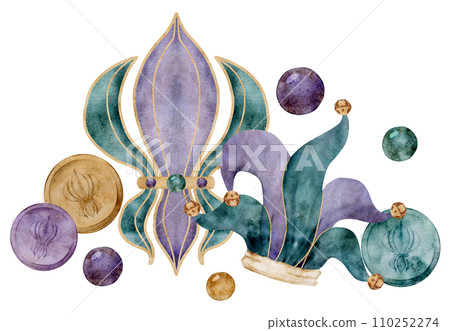 Hand drawn watercolor Mardi Gras carnival symbols. Jester fool hat, jingle bells, fleur de lis French lily iris beads. Composition isolated on white background. Design party invitation, print, shop Hand drawn watercolor Mardi Gras carnival symbols. Jester fool hat, jingle bells, fleur de lis French lily iris beads. Composition isolated on white background. Design party invitation, print, shop 110252274