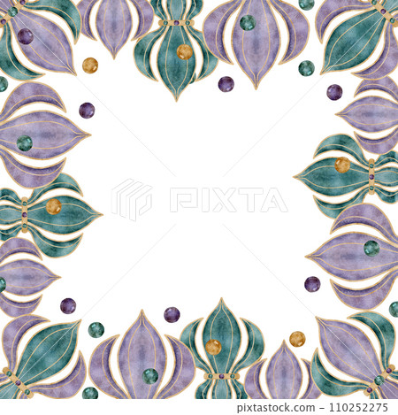 Hand drawn watercolor Mardi Gras carnival symbols. Fleur de lis lily French flower, glass beads baubles confetti. Square frame isolated on white background. Design for party invitation, print, shop 110252275