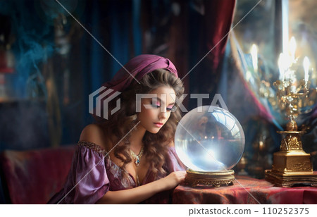Beautiful woman doing crystal fortune telling “AI generated image” 110252375