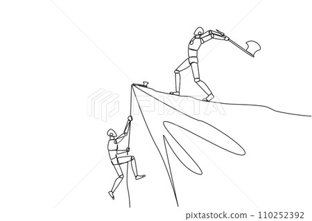 Continuous one line drawing smart robot climbs cliff with rope. Almost successful. Rudely dropped by a business friend. Fake partner. The worst teamwork. Single line draw design vector illustration 110252392