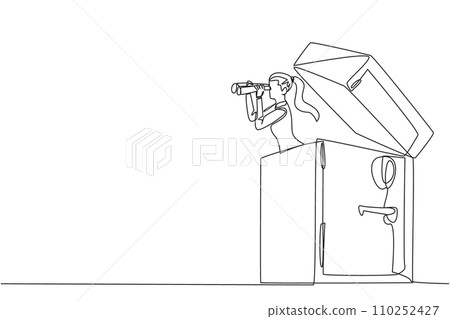 Single one line drawing businesswoman comes out of safe deposit box looking for something through binoculars. Offers the best protection for corporate data. Continuous line design graphic illustration 110252427
