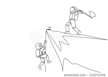 Single continuous line drawing the young astronaut climbs cliff with rope. Almost successful. Rudely dropped by a business friend. Fake partner. The worst teamwork. One line design vector illustration 110252436