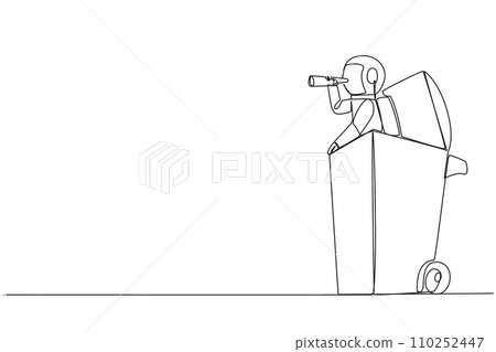 Single one line drawing astronaut emerges from wheeled bin looking for something with binoculars. Modernization of tools, making it easier for users to use. Continuous line design graphic illustration 110252447