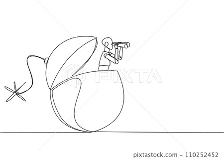Single continuous line drawing a smart robot emerges from bomb with burning fuse looking for something with binoculars. Scan. Analyze the level of danger. Deadline. One line design vector illustration 110252452