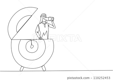 Single continuous line drawing Arab businessman appears out of arrow board target look for something through binoculars. Search for the lost one; focus on business. One line design vector illustration 110252453