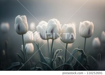 Field of white blooming tulips. Spring flowering. Generative AI Field of white blooming tulips. Spring flowering. Generative AI 110252691