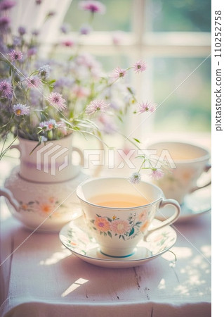 Cups of tea and beautiful flowers. Refined vintage dishes. Cups of tea and beautiful flowers. Refined vintage dishes. 110252758