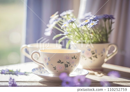 Cups of tea and beautiful flowers. Refined vintage dishes. Cups of tea and beautiful flowers. Refined vintage dishes. 110252759