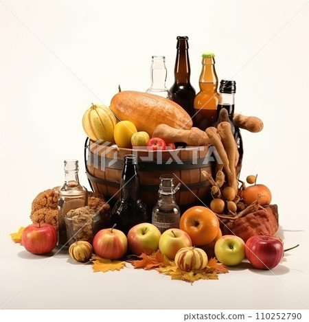 Groceries including vegetables, beer, bakery isolated on white background 110252790