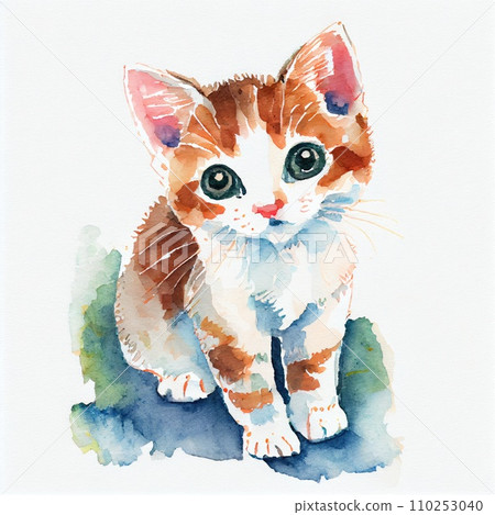 Watercolor cute kitten. Cartoon style. Generative Ai 110253040