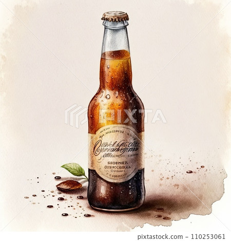 Beer glass bottle on white background. Watercolor style. Generative Ai 110253061