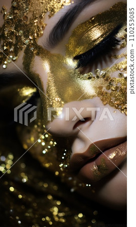 Beautiful woman with golden glitter makeup. Stunning young girl. Fashion and beauty concept. Beautiful woman with golden glitter makeup. Stunning young girl. Fashion and beauty concept. 110253085