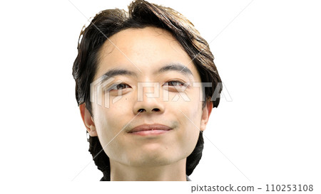 Guy's face, on a green background, close-up 110253108
