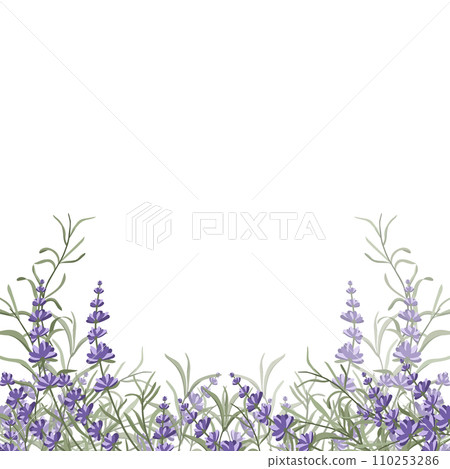 Floral purple-lavender border made of lavender flowers and leaves, for the design of postcards, invitations, banners, packaging and wallpaper. A frame for your design. Vector illustration 110253286