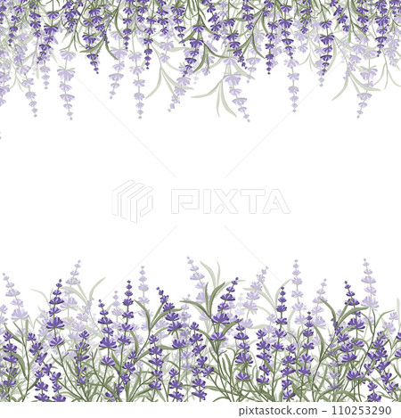 Floral purple-lavender border made of lavender flowers and leaves, for the design of postcards, invitations, banners, packaging and wallpaper. A frame for your design. Vector illustration 110253290