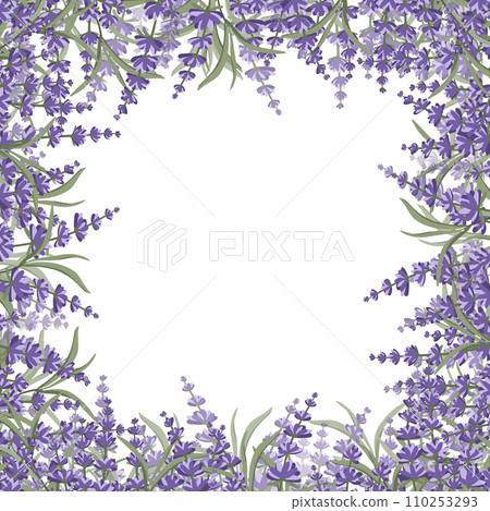 Floral purple-lavender border made of lavender flowers and leaves, for the design of postcards, invitations, banners, packaging and wallpaper. A frame for your design. Vector illustration Floral purple-lavender border made of lavender flowers and leaves, for the design of postcards, invitations, banners, packaging and wallpaper. A frame for your design. Vector illustration 110253293