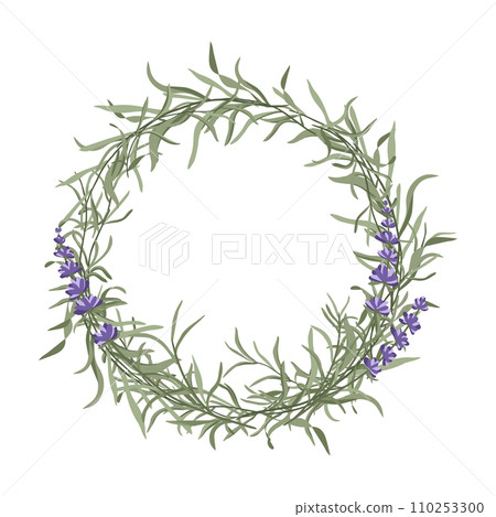 Wreath of lavender flowers, Postcard design, vector illustration 110253300