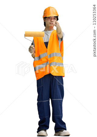 The guy is a builder, on a white background, in full height, pointing forward 110253364