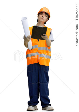 The guy is a builder, on a white background, full-length, with a plan, looking up The guy is a builder, on a white background, full-length, with a plan, looking up 110253368