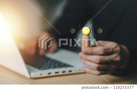 HR manager or Human resources. Employer hand choose takes person man wooden doll with smile face. Leader stands out from crowd. Looking for good worker. HR, HRM, HRD concepts. 110253377