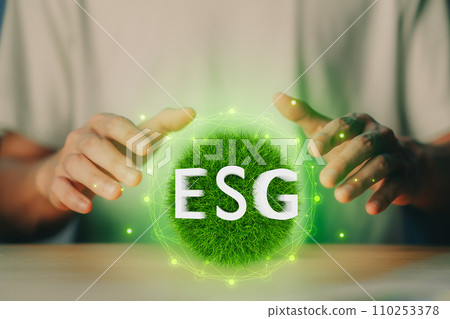 ESG, Environment Social Governance. Sustainable and ethical. Business organizational development. Technology of renewable resources to reduce pollution. Zero net. CO2 Reduced. 110253378