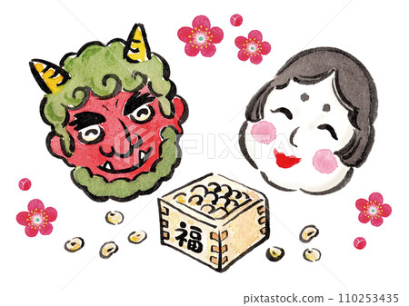 Setsubun Oni Otafuku Watercolor Hand-drawn Illustration 110253435