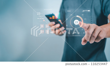 Human pointing fingers to use smart applications, Smart home concept, Smart home Automation Control System, Smart home dashboard interface control connected devices and set up automations. 110253447