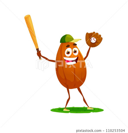 Cartoon almond nut character enthusiastically plays baseball. Isolated vector playful kernel swinging the bat with excitement and wearing a baseball cap, bringing a cheerful and lively energy to game Cartoon almond nut character enthusiastically plays baseball. Isolated vector playful kernel swinging the bat with excitement and wearing a baseball cap, bringing a cheerful and lively energy to game 110253504