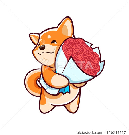 Cartoon kawaii pet shiba inu dog character with flowers. Vector cute japanese puppy animal personage with bouquet of red roses, happy face and adorable smile. Funny shiba inu dog emoji with gift 110253517
