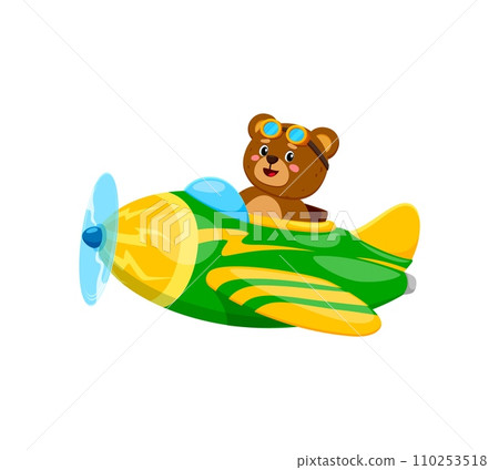 Cartoon baby bear animal character on plane. Animal kid airplane pilot navigates the skies with an adventurous spirit ready for high-flying adventure. Cute personage for game, book or baby shower card 110253518