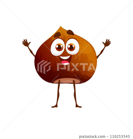 Cartoon hazelnut keto diet food character. Ripe nut cheerful personage, isolated fresh hazelnut happy smiling vector mascot or keto, vegetarian diet food comical character 110253543