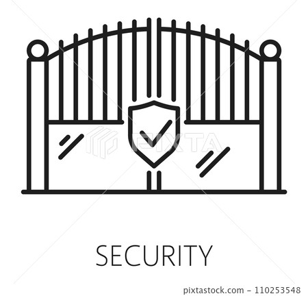 Real estate security outline icon with gates. Dwelling rent service line symbol, real estate property security company or apartment safety service line vector sign or pictogram with mansion gates 110253548