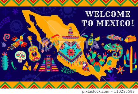 Mexico map with national cuisine, animals, plants and musical instruments. Latin America discovery travel, Mexico trip adventure vector banner with pyramid, cactus, birds and Mexican ethnic clothing 110253592