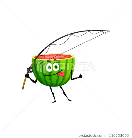 Cartoon watermelon character with fishing rod. Sweet watermelon comical personage, summer fruit isolated vector funny mascot or summer vacation cute character going on fishing 110253603