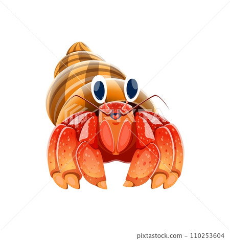 Cartoon hermit crab character. Sea or ocean bottom wildlife or fauna, underwater life funny personage. Tropical sea crustacean animal isolated vector character, hermit crab with conch shell mascot Cartoon hermit crab character. Sea or ocean bottom wildlife or fauna, underwater life funny personage. Tropical sea crustacean animal isolated vector character, hermit crab with conch shell mascot 110253604