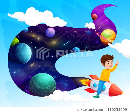 Cheerful kid flying on rocket. Kindergarten and elementary school education, astronomy knowledge learning cartoon vector concept or background with boy flying on spaceship, fantastic space planets Cheerful kid flying on rocket. Kindergarten and elementary school education, astronomy knowledge learning cartoon vector concept or background with boy flying on spaceship, fantastic space planets 110253609