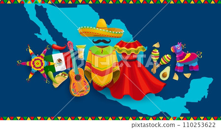 Mexico map with national flag, cuisine meals, musical instruments and plants. Mexican culture attributes, Latin America country travel vector background with Mexico ethnic clothing, pinata and food 110253622