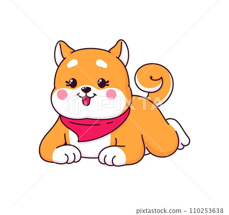 Cartoon kawaii shiba inu dog character laying on stomach and sticking out tongue. Cute japanese shiba inu puppy vector personage in bandana collar. Funny pet animal emoji relaxing with happy smile 110253638