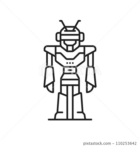 Alien futuristic robot line and outline icon. Chatbot vintage robot symbol or icon, autopilot humanoid bot or alien cyborg artificial intelligence, mantis insect android thin line vector pictogram 110253642