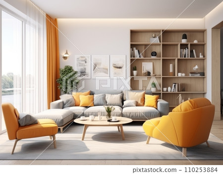AI-generated content. White stylish minimalist room with sofa. Scandinavian interior design. 110253884