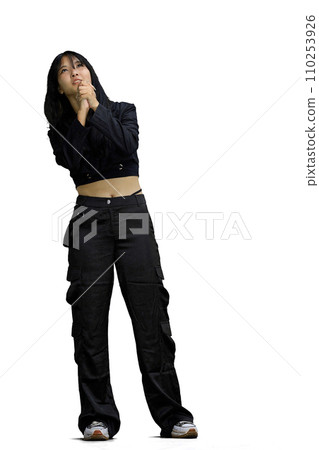 A woman in black clothes, on a white background, full-length, dreaming A woman in black clothes, on a white background, full-length, dreaming 110253926