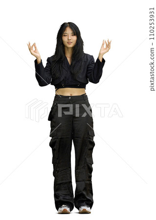 A woman in black clothes, on a white background, in full height, A woman in black clothes, on a white background, in full height, 110253931
